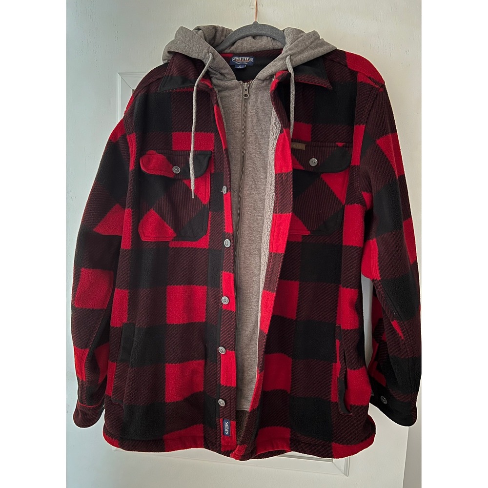 Smith's Workwear Mens Buffalo Plaid Sherpa Lined Hooded Flannel Shirt Jacket M
